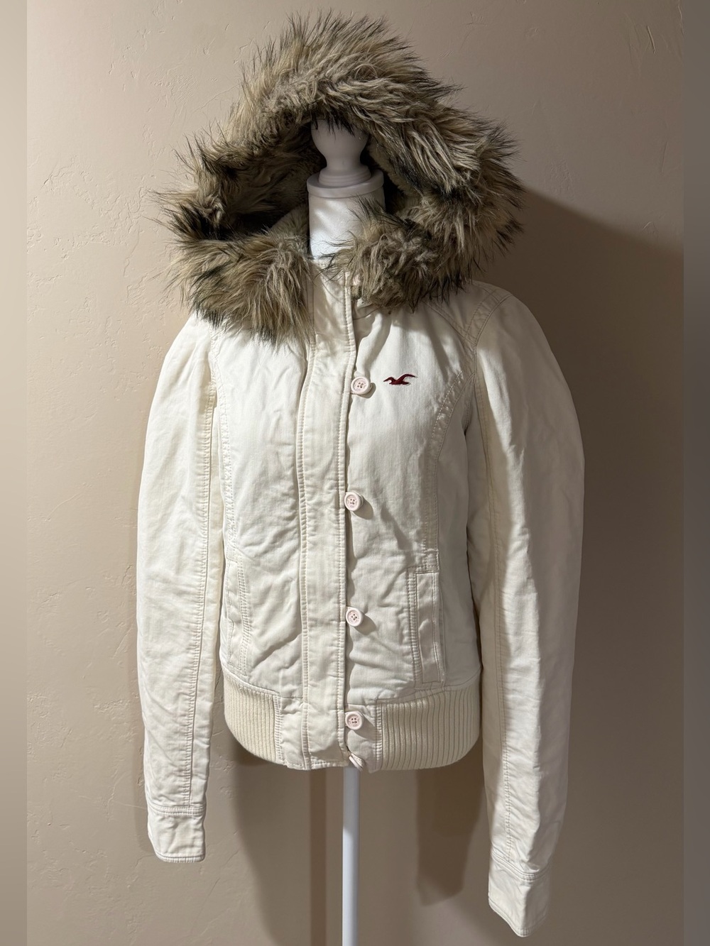 Hollister Cream Faux-Fur Lined Hooded Bomber Parka Jacket - Picture 4 of 10